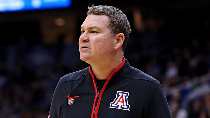 Mar 27, 2025; Newark, NJ, USA; Arizona Wildcats head coach Tommy Lloyd during the first half against the Duke Blue Devils during an East Regional semifinal of the 2025 NCAA tournament at Prudential Center. Mandatory Credit: Vincent Carchietta-Imagn Images