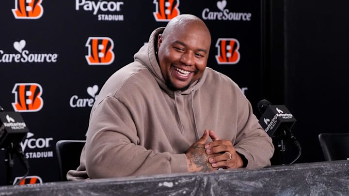 Newly signed Cincinnati Bengals defense tackle Dexter Lawrence speaks in a press conference for the first time since joining the team at Paycor Stadium in Cincinnati on Monday, April 20, 2026.