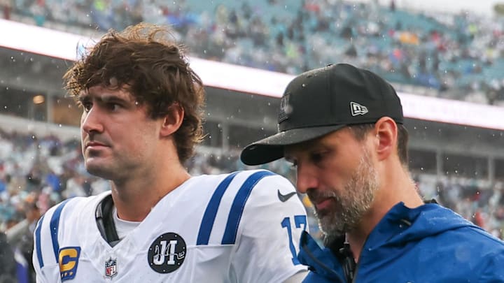 Indianapolis Colts quarterback Daniel Jones leaves the field