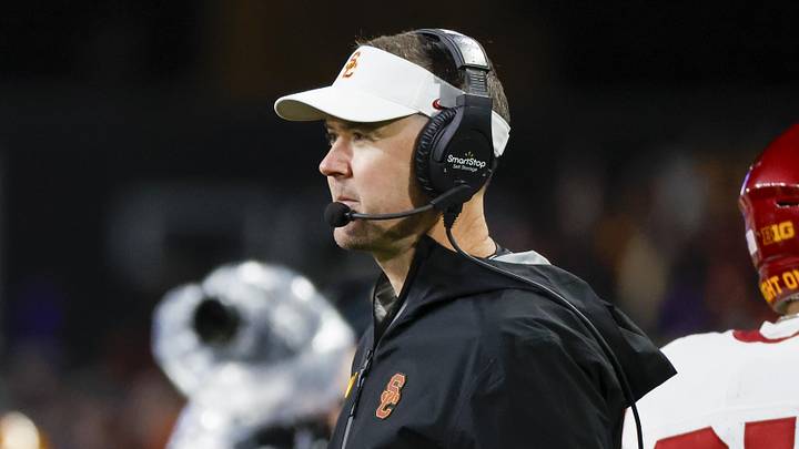 Nov 2, 2024; Seattle, Washington, USA; USC Trojans head coach Lincoln Riley stands on the sideline during the fourth quarter against the Washington Huskies at Alaska Airlines Field at Husky Stadium. Mandatory Credit: Joe Nicholson-Imagn Images