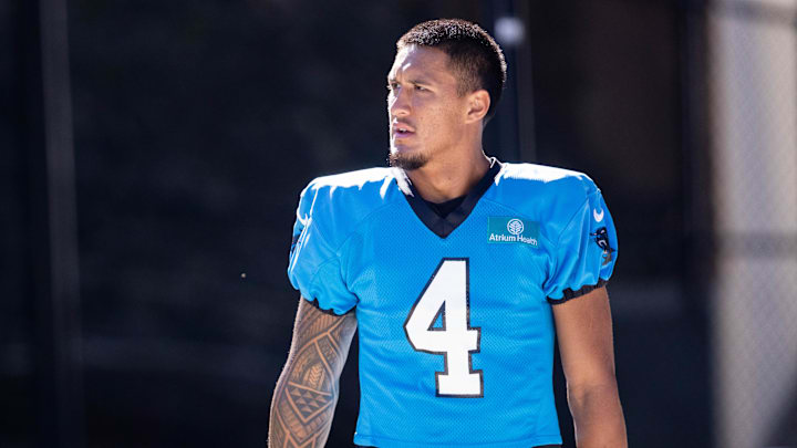 Jul 26, 2025; Charlotte, NC, USA; Carolina Panthers wide receiver Tetairoa McMillan (4) walks to practice during training camp. Mandatory Credit: Scott Kinser-Imagn Images