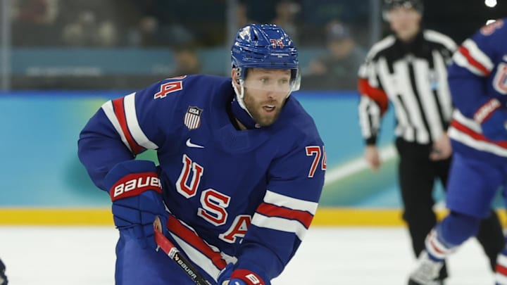 Feb 18, 2026; Milan, Italy; Jaccob Slavin (74) of the United States in action against Rasmus Dahlin (26) of Sweden in a men's ice hockey quarterfinal during the Milano Cortina 2026 Olympic Winter Games at Milano Santagiulia Ice Hockey Arena. Mandatory Credit: Geoff Burke-Imagn Images Feb 18, 2026; Milan, Italy; Jaccob Slavin (74) of the United States in action against Rasmus Dahlin (26) of Sweden in a men's ice hockey quarterfinal during the Milano Cortina 2026 Olympic Winter Games at Milano Santagiulia Ice Hockey Arena. Mandatory Credit: Geoff Burke-Imagn Images