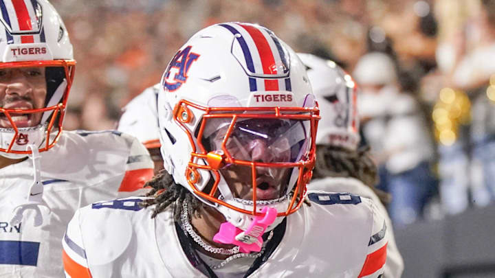 Auburn wide receiver Cam Coleman (8) celebrates this two point conversion against Vanderbilt during the fourth quarter at FirstBank Stadium in Nashville, Tenn., Saturday, Nov. 8, 2025.