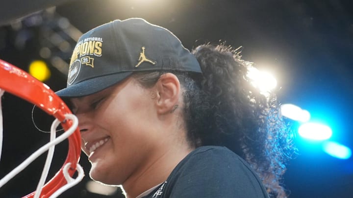 UCLA Bruins center Lauren Betts cuts a piece of net to celebrate their 79-51 win over the South Carolina Gamecocks to claim the NCAA women's basketball national championship at Mortgage Matchup Center in Phoenix on April 5, 2026. UCLA Bruins center Lauren Betts cuts a piece of net to celebrate their 79-51 win over the South Carolina Gamecocks to claim the NCAA women's basketball national championship at Mortgage Matchup Center in Phoenix on April 5, 2026.