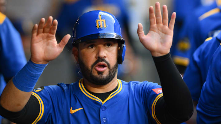 Seattle Mariners third baseman Eugenio Suarez celebrates after scoring a run against the Texas Rangers on July 31 at T-Mobile Park. Seattle Mariners third baseman Eugenio Suarez celebrates after scoring a run against the Texas Rangers on July 31 at T-Mobile Park.