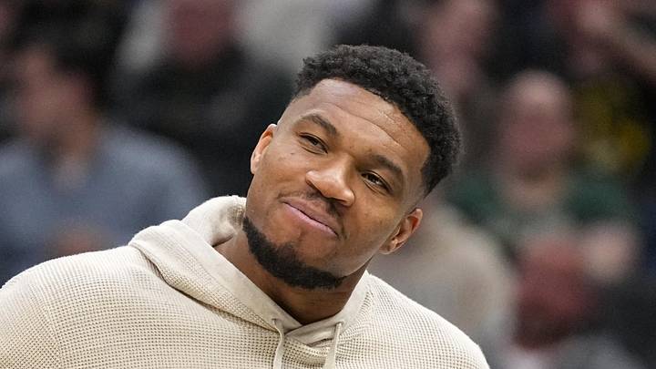 Milwaukee Bucks forward Giannis Antetokounmpo reacts following a play during the second quarter against the Brooklyn Nets at Fiserv Forum on April 10, 2026.