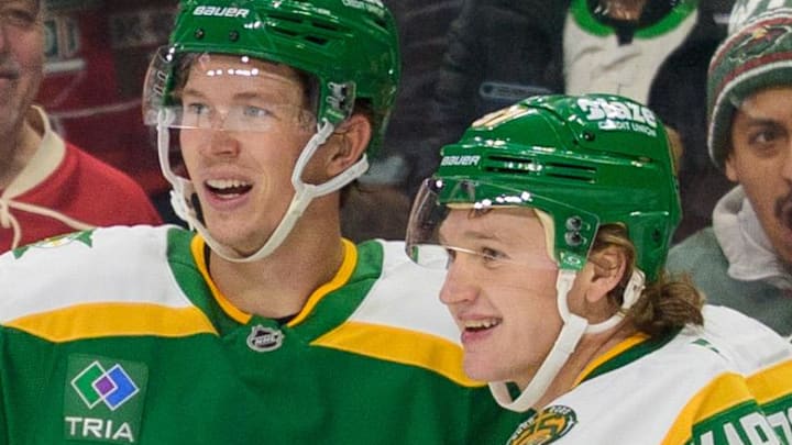 Dec 11, 2025; Saint Paul, Minnesota, USA; Minnesota Wild left wing Matt Boldy (12) celebrates with left wing Kirill Kaprizov (97) and center Joel Eriksson Ek (14) after scoring on an open net against Dallas Stars in the third period at Grand Casino Arena. Mandatory Credit: Matt Blewett-Imagn Images