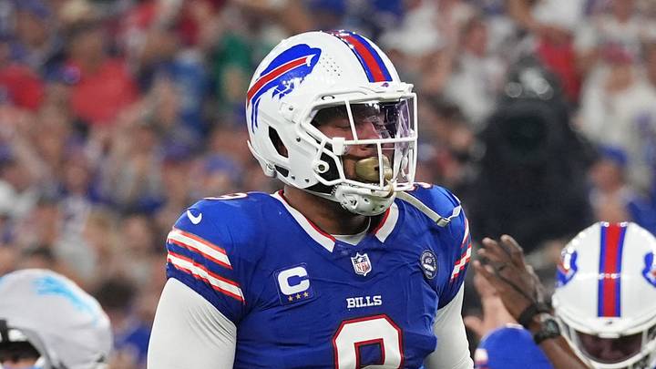 Sep 17, 2026; Orchard Park, New York, USA;  Buffalo Bills linebacker Bradley Chubb (9) reacts during the first half against the Detroit Lions at New Highmark Stadium.  Mandatory Credit: Gregory Fisher-Imagn Images