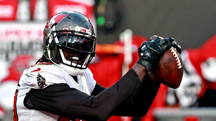 Tampa Bay Buccaneers outside linebacker Jason Pierre-Paul celebrates after a fumble recovery during the second half against the Los Angeles Rams Tampa Bay Buccaneers outside linebacker Jason Pierre-Paul celebrates after a fumble recovery during the second half against the Los Angeles Rams