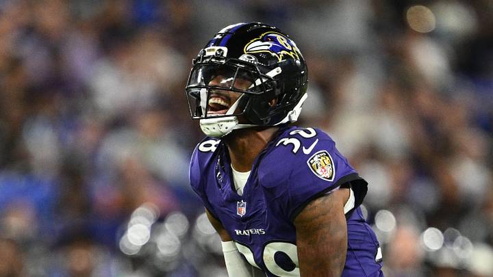 Aug 15, 2026; Baltimore, Maryland, USA;  Baltimore Ravens cornerback Keyon Martin (38) celebrates after sacking the quarterback in the second half against the Philadelphia Eagles at M&T Bank Stadium. Mandatory Credit: Jamie Sabau-Imagn Images