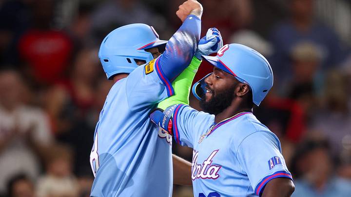 Apr 10, 2026; Atlanta, Georgia, USA; Atlanta Braves center fielder Michael Harris II (23) celebrates with designated hitter Dominic Smith (8) and shortstop Mauricio Dubon (14) after a two-run home run against the Cleveland Guardians in the sixth inning at Truist Park. Mandatory Credit: Brett Davis-Imagn Images
