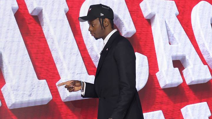 Jun 23, 2026; New York, NY, USA; The fourth pick in the 2026 NBA draft, North Carolina forward Caleb Wilson after he was selected by the Chicago Bulls at Barclays Center. Mandatory Credit: Brad Penner-Imagn Images