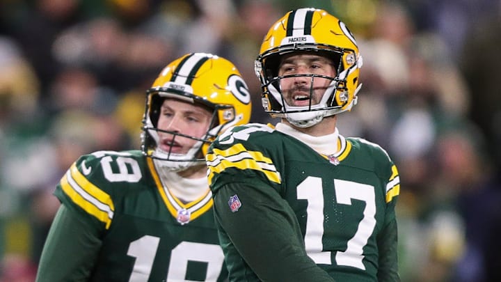 Green Bay Packers place kicker Brandon McManus (17) watches as his game-tying field goal attempt misses against the Eagles. Green Bay Packers place kicker Brandon McManus (17) watches as his game-tying field goal attempt misses against the Eagles.