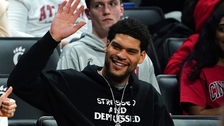 Former Cincinnati Bearcats guard Jarron Cumberland is recognized in the second half of an NCAA basketball game between the Temple Owls and the Cincinnati Bearcats, Sunday, Feb. 20, 2022, at Fifth Third Arena in Cincinnati. The Temple Owls won, 75-71.

Temple Owls At Cincinnati Bearcats Basketball Feb 20 Seqn