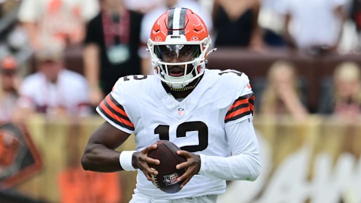 Aug 23, 2025; Cleveland, Ohio, USA; Los Angeles Rams linebacker Jamil Muhammad (45) chases Cleveland Browns quarterback Shedeur Sanders (12) during the second half at Huntington Bank Field. Mandatory Credit: Ken Blaze-Imagn Images Aug 23, 2025; Cleveland, Ohio, USA; Los Angeles Rams linebacker Jamil Muhammad (45) chases Cleveland Browns quarterback Shedeur Sanders (12) during the second half at Huntington Bank Field. Mandatory Credit: Ken Blaze-Imagn Images