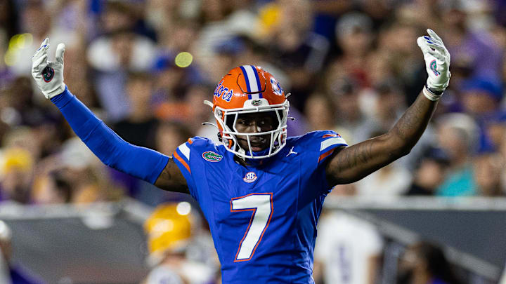 Nov 16, 2024; Gainesville, Florida, USA; Florida Gators defensive back Trikweze Bridges (7) gestures against the LSU Tigers during the second half at Ben Hill Griffin Stadium. Mandatory Credit: Matt Pendleton-Imagn Images