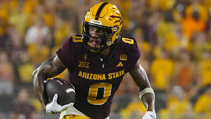 Arizona State wide receiver Jordyn Tyson (0) runs after a reception against NAU during a game at Mountain America Stadium in Tempe on Aug. 30, 2025.