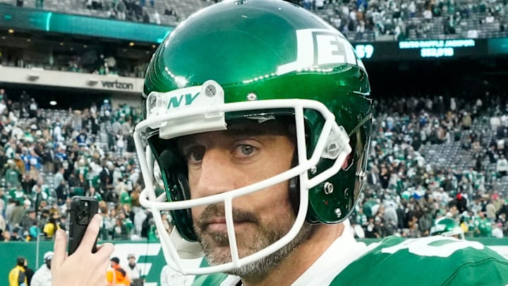 New York Jets quarterback Aaron Rodgers (8) is shown after a devastating 28-27 loss against the Indianapolis Colts, Sunday, November 17, 2024. With a minute remaining Gang Green was up 27-22, but it wasnÕt meant to be for the home team as they inch closer to mathematical elimination from the possibility of earning a wild card spot to the playoffs. New York Jets quarterback Aaron Rodgers (8) is shown after a devastating 28-27 loss against the Indianapolis Colts, Sunday, November 17, 2024. With a minute remaining Gang Green was up 27-22, but it wasnÕt meant to be for the home team as they inch closer to mathematical elimination from the possibility of earning a wild card spot to the playoffs.