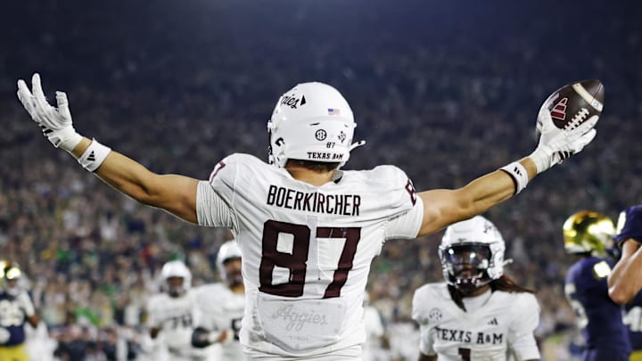 Sep 13, 2025; South Bend, Indiana, USA; Texas A&M Aggies tight end Nate Boerkircher (87) celebrates after their win against the Notre Dame Fighting Irish at Notre Dame Stadium. Mandatory Credit: Michael Caterina-Imagn Images