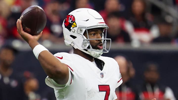 Dec 14, 2025; Houston, Texas, USA; Arizona Cardinals quarterback Jacoby Brissett (7) drops back to pass against the Houston Texans in the third quarter at NRG Stadium. Mandatory Credit: Thomas Shea-Imagn Images