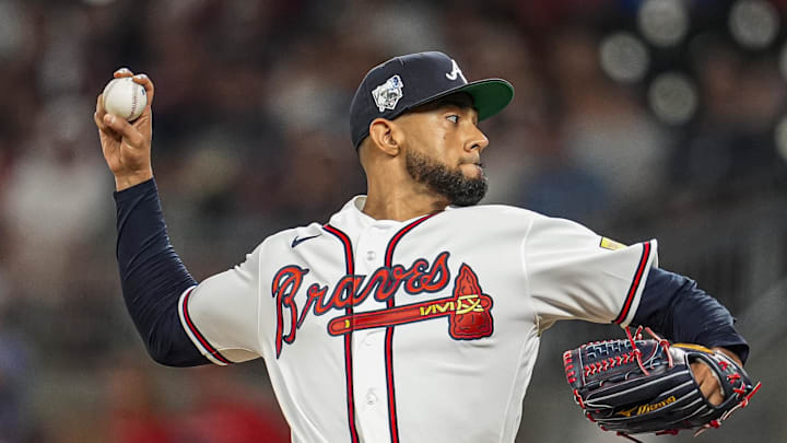 Apr 15, 2026; Cumberland, Georgia, USA; Atlanta Braves pitcher pitcher Robert Suarez (75) pitches against the Miami Marlins during the eighth inning at Truist Park. All players are wearing number 42 today in honor of Jackie Robinson. Mandatory Credit: Dale Zanine-Imagn Images