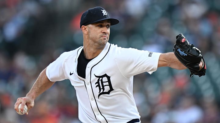 Jun 25, 2025; Detroit, Michigan, USA; Detroit Tigers starting pitcher Jack Flaherty (9) throws a pitch against the Athletics in the fourth inning at Comerica Park. 