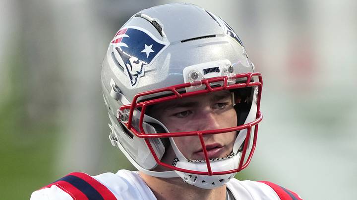 Feb 8, 2026; Santa Clara, CA, USA; New England Patriots quarterback Drake Maye (10) during halftime against the Seattle Seahawks in Super Bowl LX at Levi's Stadium. Mandatory Credit: Darren Yamashita-Imagn Images
