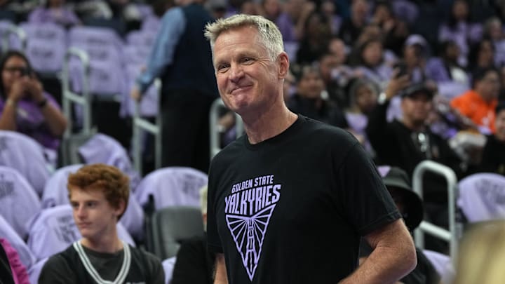 May 16, 2025; San Francisco, California, USA; Golden State Warriors head coach Steve Kerr walks along the court before the game between the Golden State Valkyries and the Los Angeles Sparks at Chase Center. Mandatory Credit: Darren Yamashita-Imagn Images