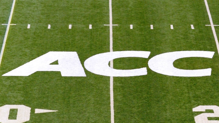 Sep 14, 2013; Syracuse, NY, USA; General view of the Atlantic Coast Conference logo on the field