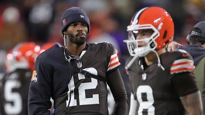 Cleveland Browns quarterback Shedeur Sanders (12) paces the sideline after quarterback Dillon Gabriel (8) failed to score on a drive during the first half of NFL football game against the Baltimore Ravens at Huntington Bank Field, Nov. 16, 2025, in Cleveland, Ohio.