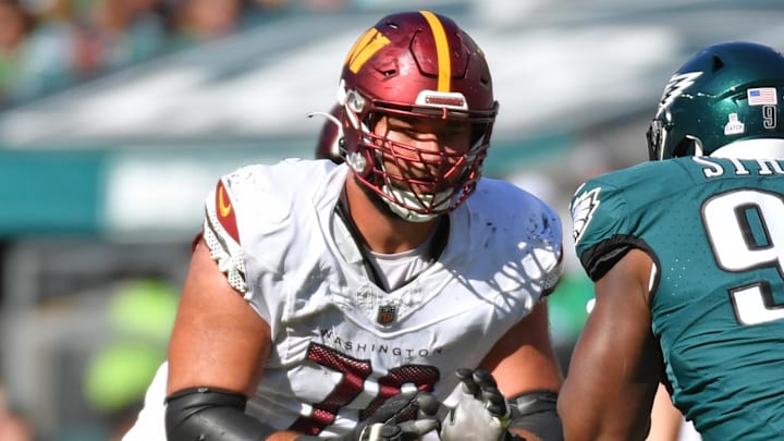 Oct 1, 2023; Philadelphia, Pennsylvania, USA; Washington Commanders offensive tackle Sam Cosmi (76) against the Philadelphia Eagles at Lincoln Financial Field. Mandatory Credit: Eric Hartline-Imagn Images