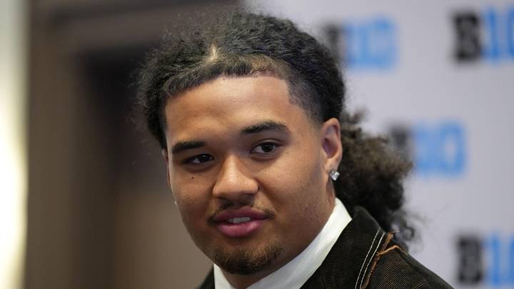 Jul 23, 2025; Las Vegas, NV, USA; Oregon defensive end Matayo Uiagalelei speaks to the media during the Big Ten NCAA college football media days at Mandalay Bay Resort. Mandatory Credit: Lucas Peltier-Imagn Images