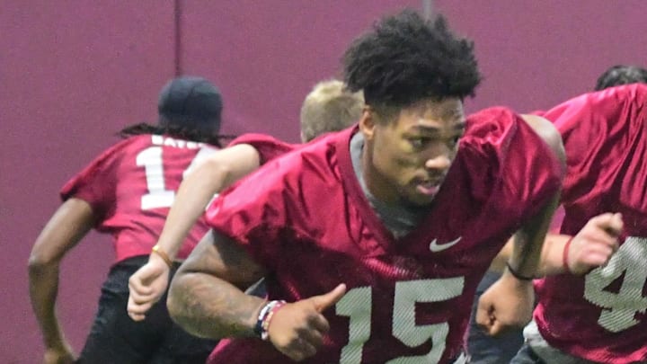 Florida State football linebacker Shawn Murphy (15) take part in the final Tour of Duty winter workouts ahead of 2024 spring practices on Thursday, March 7, 2024.