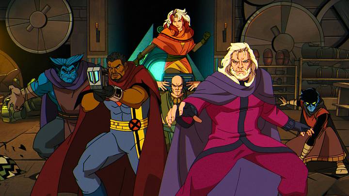 (L-R): Beast (voiced by George Buza), Bishop (voiced by Isaac Robinson-Smith), Rogue (voiced by Lenore Zann), Professor X (voiced by Ross Marquand), Magneto (voiced by Matthew Waterson), and Nightcrawler (voiced by Adrian Hough) in Marvel Animation's X-MEN '97 Season 2, exclusively on Disney+. Photo courtesy of Marvel. © 2026 Marvel. All Rights Reserved.