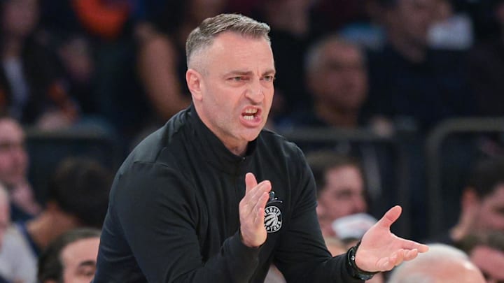 Apr 10, 2026; New York, New York, USA; Toronto Raptors head coach Darko Rajakovic reacts during the first quarter against the New York Knicks at Madison Square Garden. Mandatory Credit: Vincent Carchietta-Imagn Images 
