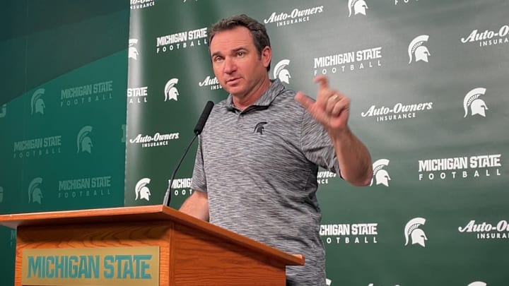 Michigan State head coach Jonathan Smith speaks to the media about an upcoming game at USC on Sept. 15, 2025.
