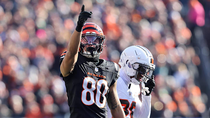Dec 22, 2024; Cincinnati, Ohio, USA;  Cincinnati Bengals wide receiver Andrei Iosivas (80) celebrates a first down catch during the first quarter against the Cleveland Browns at Paycor Stadium. Mandatory Credit: Joseph Maiorana-Imagn Images