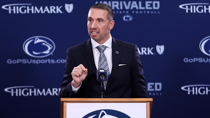 Dec 8, 2025; University Park, PA, USA; Matt Campbell is announced as the Penn State Nittany Lions new head coach during a press conference at the Beaver Stadium Press Room. Mandatory Credit: Matthew O'Haren-Imagn Images