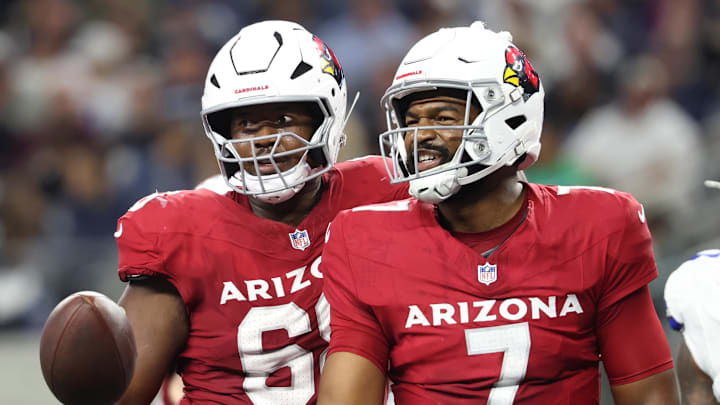 Nov 3, 2025; Arlington, Texas, USA; Arizona Cardinals quarterback Jacoby Brissett (7) celebrates scoring a touchdown against the Dallas Cowboys in the first half at AT&T Stadium. Mandatory Credit: Kevin Jairaj-Imagn Images