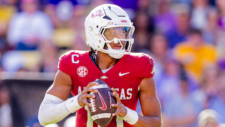 Nov 15, 2025; Baton Rouge, Louisiana, USA;  Arkansas Razorbacks quarterback Taylen Green (10) looks to pass the ball against the LSU Tigers during the second half at Tiger Stadium. Mandatory Credit: Stephen Lew-Imagn Images