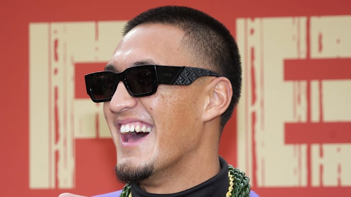 Apr 24, 2025; Green Bay, WI, USA; Arizona Wildcats wide receiver Tetairoa McMillan on the red carpet before the 2025 NFL Draft at Lambeau Field. Mandatory Credit: Kirby Lee-Imagn Images