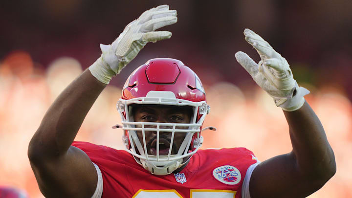 Nov 23, 2025; Kansas City, Missouri, USA; Kansas City Chiefs defensive tackle Chris Jones (95) reacts in the second half against the Indianapolis Colts at GEHA Field at Arrowhead Stadium. Mandatory Credit: Jay Biggerstaff-Imagn Images
