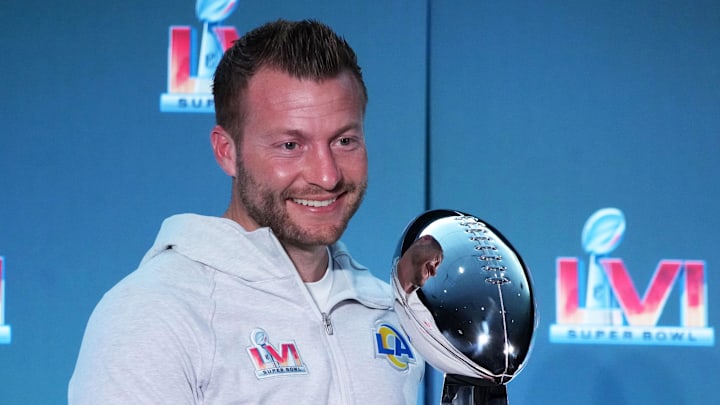 Feb 14, 2022; Los Angeles, CA, USA; Los Angeles Rams coach Sean McVay poses with the Vince Lombardi trophy during Super Bowl LVI winning coach and most valuable player press conference at the Los Angeles Convention Center. Mandatory Credit: Kirby Lee-Imagn Images Feb 14, 2022; Los Angeles, CA, USA; Los Angeles Rams coach Sean McVay poses with the Vince Lombardi trophy during Super Bowl LVI winning coach and most valuable player press conference at the Los Angeles Convention Center. Mandatory Credit: Kirby Lee-Imagn Images