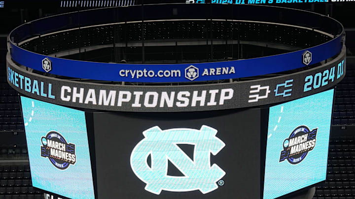 Mar 27, 2024; Los Angeles, CA, USA; The North Carolina Tar Heels logo on the video board during practice prior to NCAA Tournament at West Regional at Crypto.com Arena. Mandatory Credit: Kirby Lee-Imagn Images