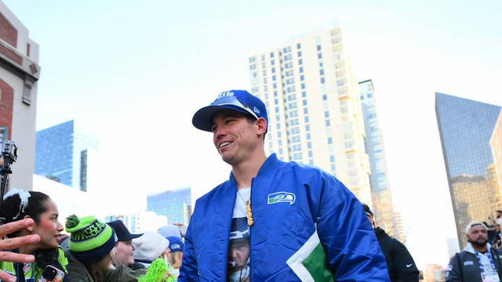 Seattle Seahawks place kicker Jason Myers (5) interacts with fans during the Super Bowl LX World Champions parade. Seattle Seahawks place kicker Jason Myers (5) interacts with fans during the Super Bowl LX World Champions parade.
