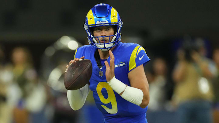 Nov 11, 2024; Inglewood, California, USA; Los Angeles Rams quarterback Matthew Stafford (9) throws the ball against the Miami Dolphins in the second half at SoFi Stadium. Mandatory Credit: Kirby Lee-Imagn Images
