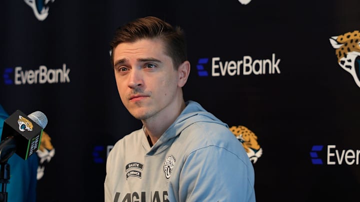 Jacksonville Jaguars general manager James Gladstone, right, listens to a question from the media next to Jacksonville Jaguars head coach Liam Coen during a press conference at Miller Electric Center Tuesday, April 15, 2025 in Jacksonville, Fla. [Corey Perrine/Florida Times-Union]