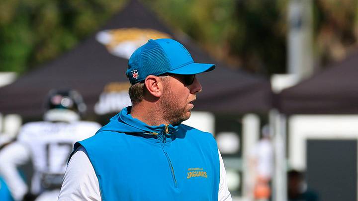 Jacksonville Jaguars head coach Liam Coen looks on during an NFL training camp session at the Miller Electric Center, Thursday, Aug. 14, 2025 in Jacksonville, Fla.