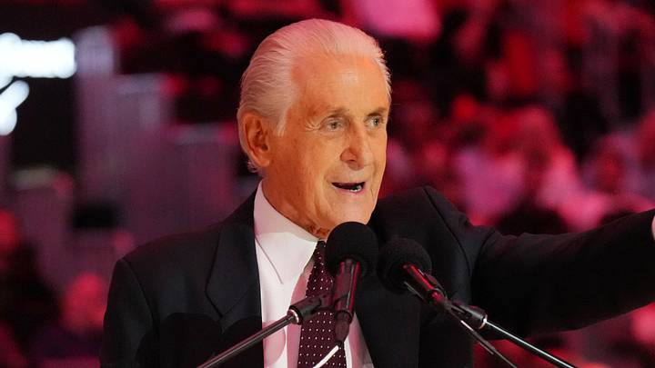Oct 23, 2024; Miami, Florida, USA; Miami Heat president Pat Riley addresses the crowd during the Pat Riley Court dedication ceremony at halftime at Kaseya Center. Mandatory Credit: Jim Rassol-Imagn Images Oct 23, 2024; Miami, Florida, USA; Miami Heat president Pat Riley addresses the crowd during the Pat Riley Court dedication ceremony at halftime at Kaseya Center. Mandatory Credit: Jim Rassol-Imagn Images