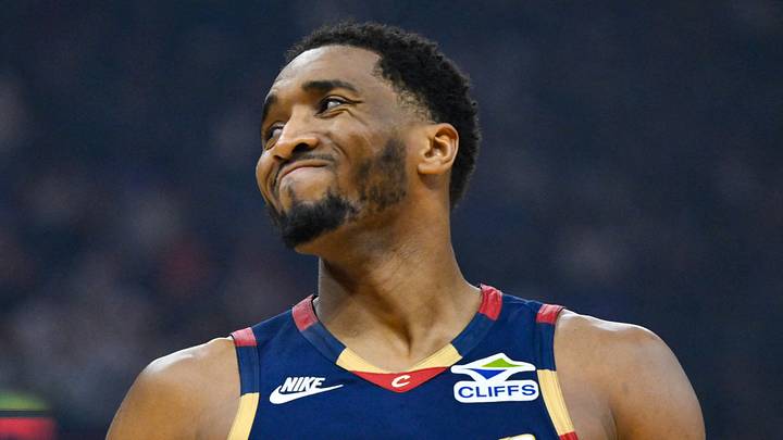 May 23, 2026; Cleveland, Ohio, USA; Cleveland Cavaliers guard Donovan Mitchell (45) reacts in the third quarter against the New York Knicks during game three of the eastern conference finals for the 2026 NBA playoffs at Rocket Arena. Mandatory Credit: David Richard-Imagn Images